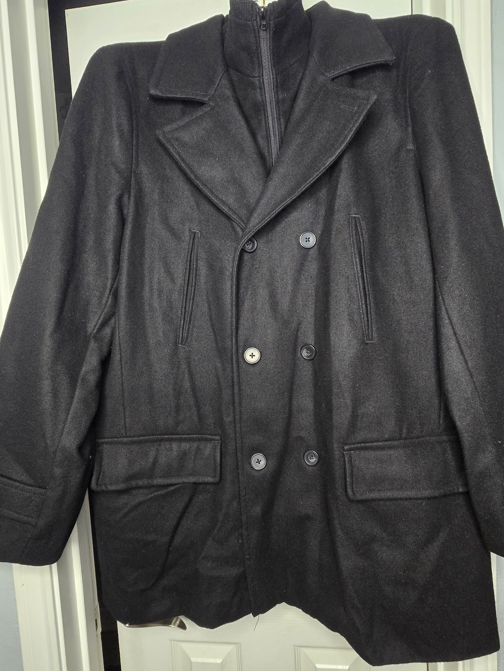 JF J. Ferrar Men's Black Wool Blend Double-Breasted Peacoat Jacket XXL